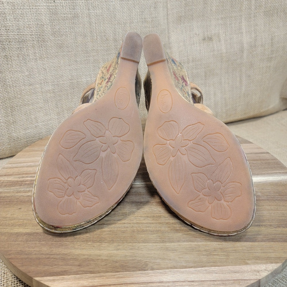 BOC Born Sandals Floral Wedge Heels Tan Leather Slingback Women's Size 10 Boho - Picture 9 of 11